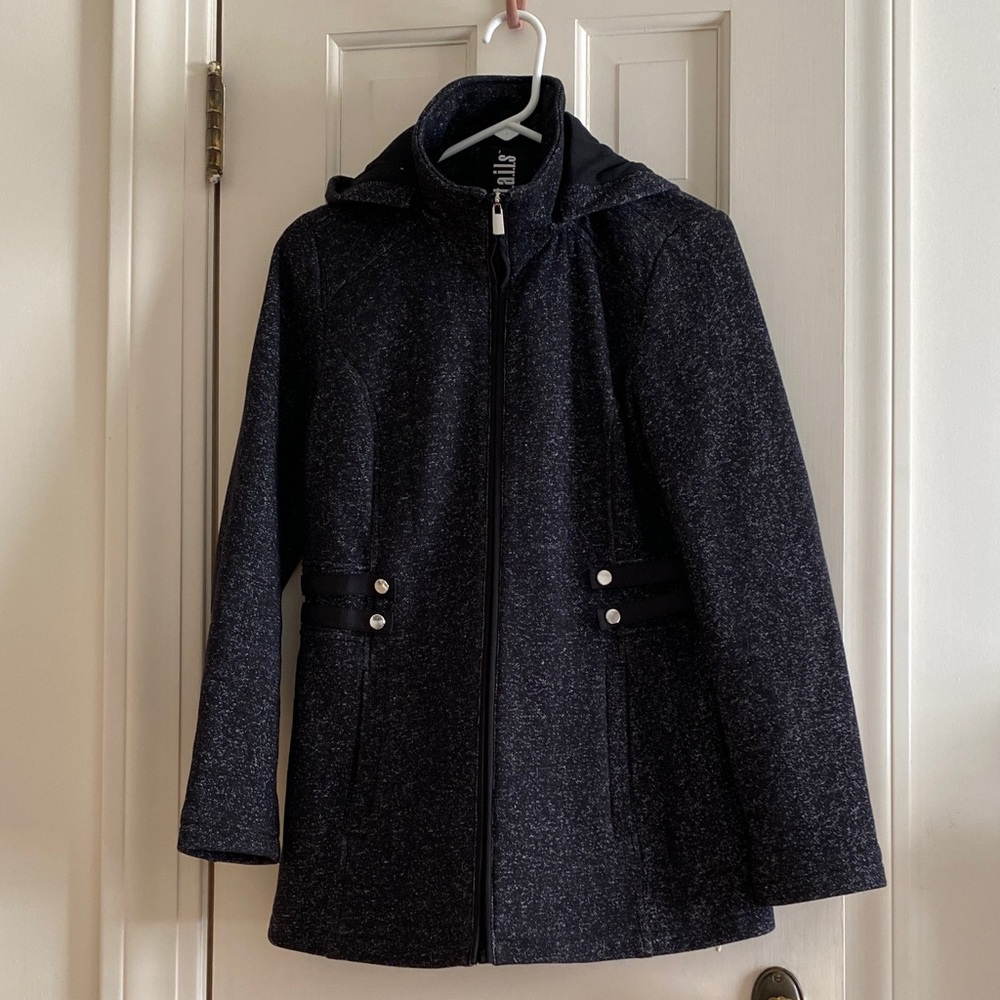 Black & Gray Speckled Hooded Coat with Silver Snap Accents